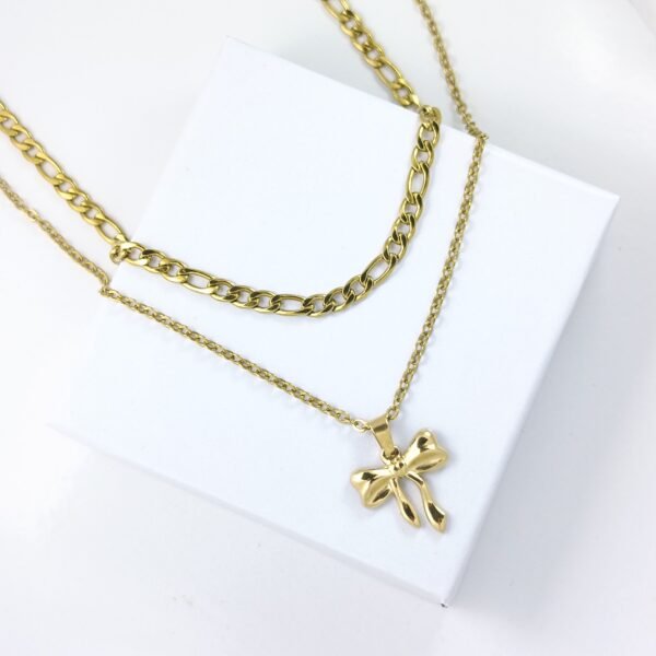 NUHA 18K Gold-Plated Layered Bow Pendant Necklace Chain (Anti-Tarnish)
